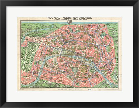 Framed Map of Paris circa 1931 including monuments Print