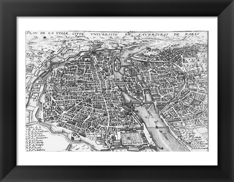 Framed Paris bird&#39;s eye view 17th century Print