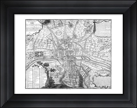 Framed Plan de Paris - black and white Print
