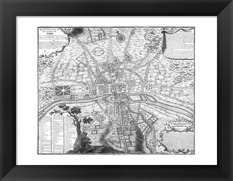 Framed Plan de Paris - black and white Print