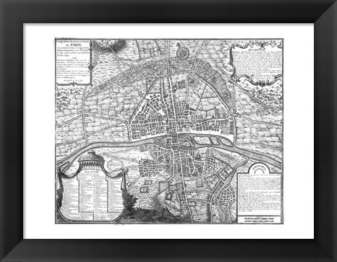 Framed Plan de Paris - black and white map Print