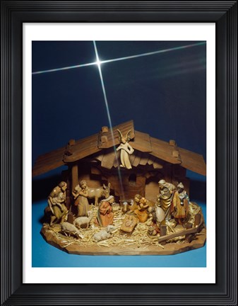 Framed Close-up of figurines depicting a nativity scene Print
