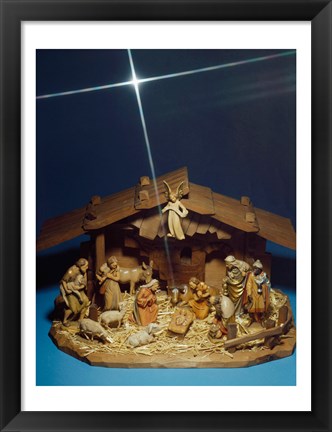 Framed Close-up of figurines depicting a nativity scene Print