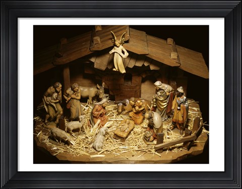 Framed Close-up of figurines depicting a nativity scene Print