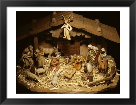 Framed Close-up of figurines depicting a nativity scene Print