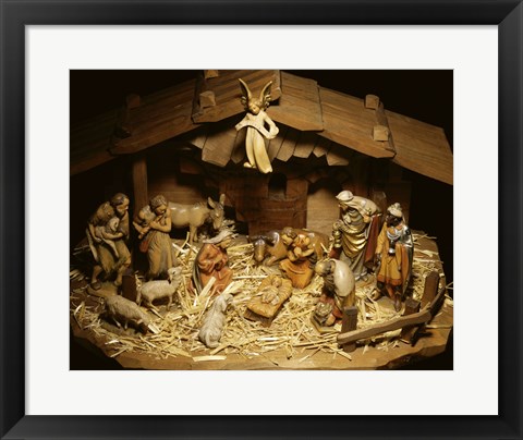 Framed Close-up of figurines depicting a nativity scene Print