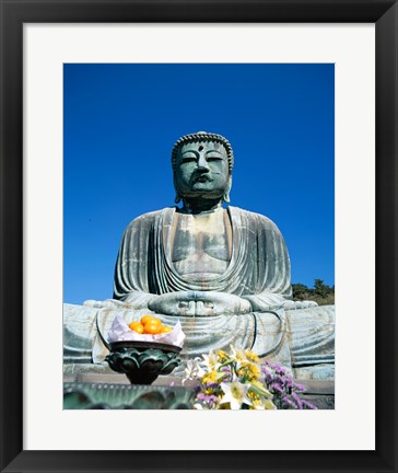 Framed Daibutsu Great Buddha, Kamakura, Honshu, Japan With Flowers Print