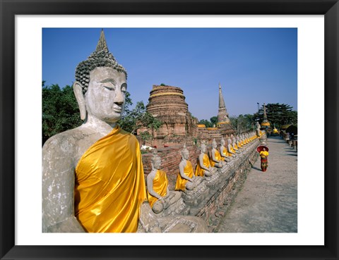 Framed Line of Buddha Statues, Wat Yai Chai Mongkhon, Ayutthaya, Thailand Print