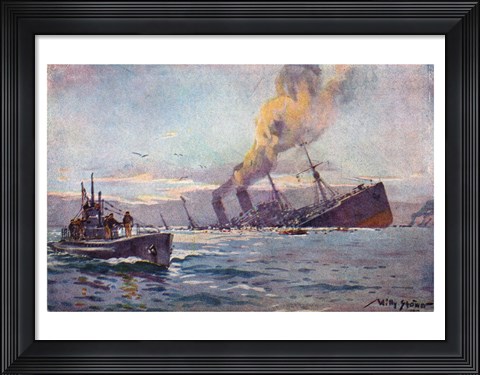 Framed U-boat Sinking a Troop Transport Ship Print