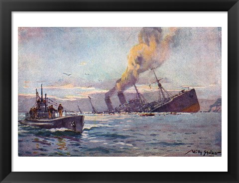 Framed U-boat Sinking a Troop Transport Ship Print