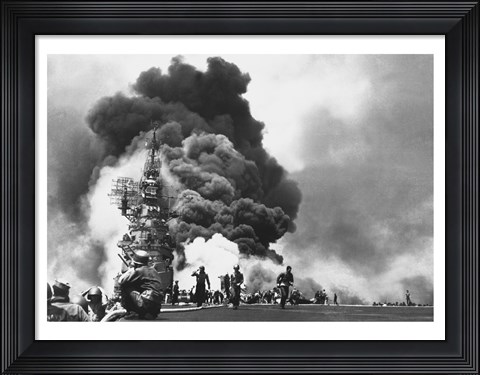 Framed USS Bunker Hill Hit by Two Kamikazes Print
