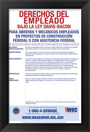 Framed Employee Rights Under the Davis-Bacon Act Spanish Version 2012 Print