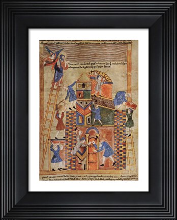 Framed Illustration to the Old English Illustrated Hexateuch showing the construction of the Tower of Babel. Print