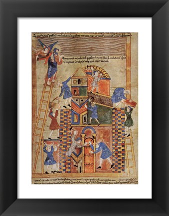 Framed Illustration to the Old English Illustrated Hexateuch showing the construction of the Tower of Babel. Print