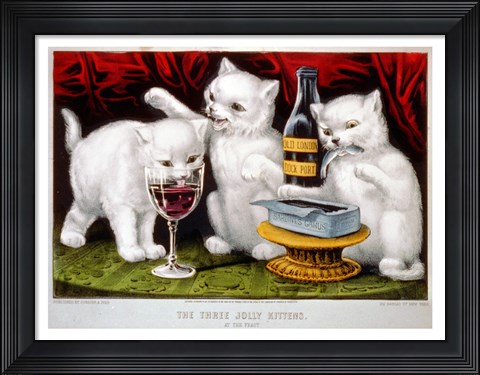 Framed Three Jolly Kittens: At The Feast Print