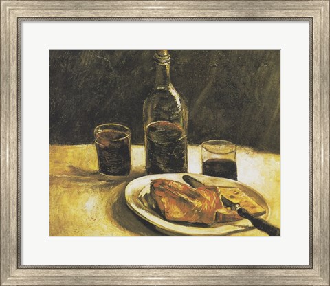 Framed Still Life with Bottle, Two Glasses, Cheese and Bread Print