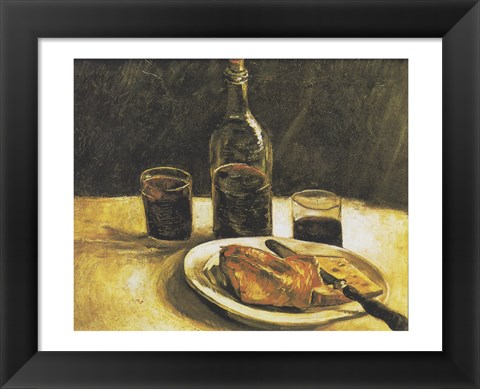 Framed Still Life with Bottle, Two Glasses, Cheese and Bread Print