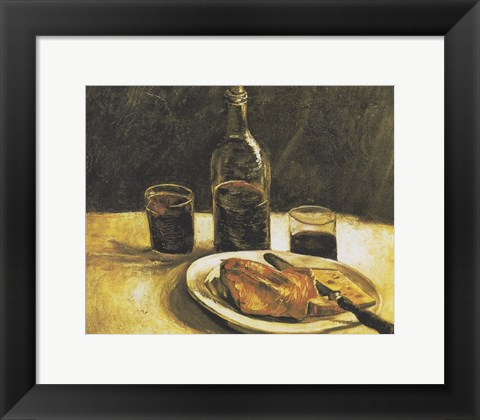 Framed Still Life with Bottle, Two Glasses, Cheese and Bread Print