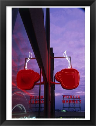 Framed Coffee Cup Neon Sign Lit Up at Dusk Print