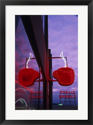 Framed Coffee Cup Neon Sign Lit Up at Dusk Print