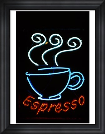 Framed Glowing Neon Sign of an Espresso Coffee Cup Print