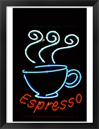 Framed Glowing Neon Sign of an Espresso Coffee Cup Print