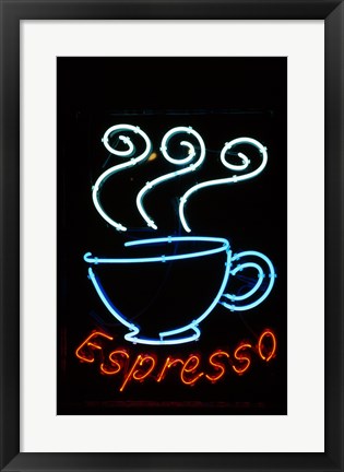 Framed Glowing Neon Sign of an Espresso Coffee Cup Print