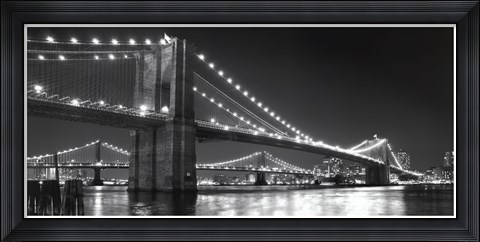 Framed Brooklyn Bridge and Manhattan Bridge at Night Print