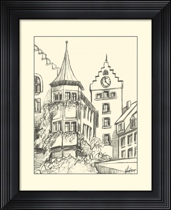 Framed B&amp;W Sketches of Downtown II Print