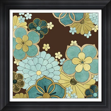 Framed Cascading Blooms in Teal I Print