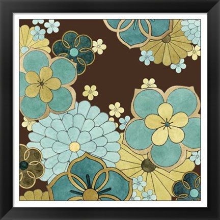 Framed Cascading Blooms in Teal I Print