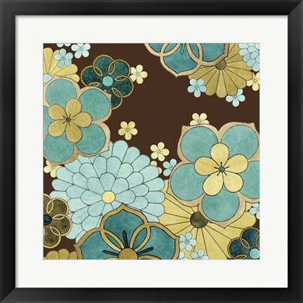 Framed Cascading Blooms in Teal I Print