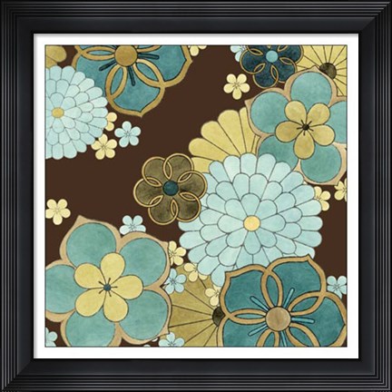 Framed Cascading Blooms in Teal II Print