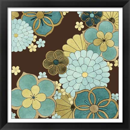 Framed Cascading Blooms in Teal II Print