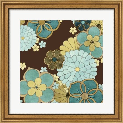 Framed Cascading Blooms in Teal II Print