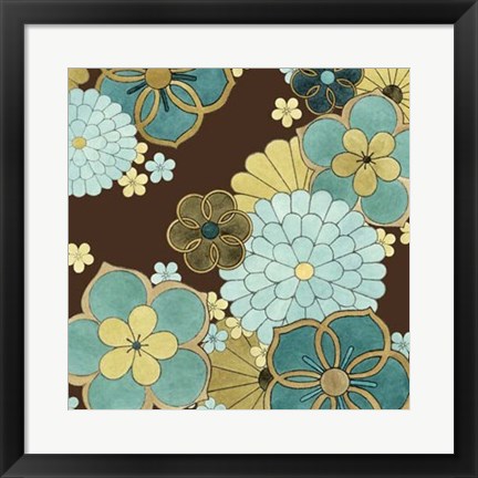 Framed Cascading Blooms in Teal II Print