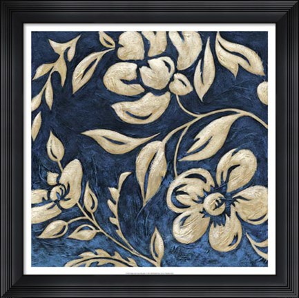 Framed Indigo and Cream Brocade I Print