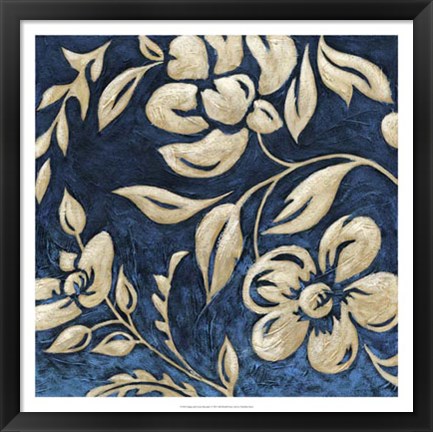 Framed Indigo and Cream Brocade I Print
