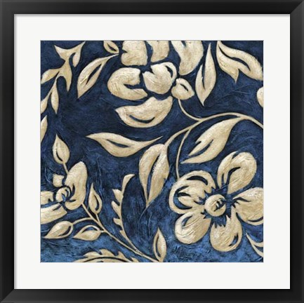 Framed Indigo and Cream Brocade I Print