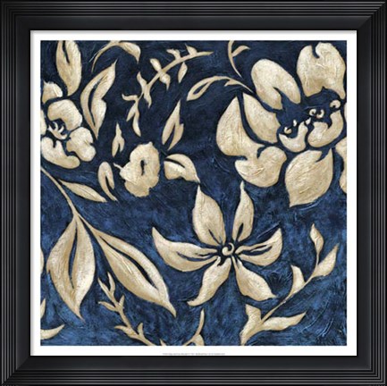 Framed Indigo and Cream Brocade II Print