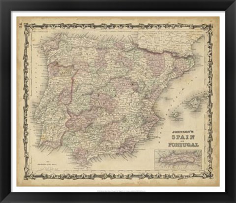 Framed Johnson&#39;s Map of Spain &amp; Portugal Print