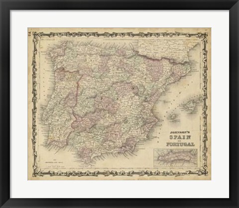 Framed Johnson&#39;s Map of Spain &amp; Portugal Print
