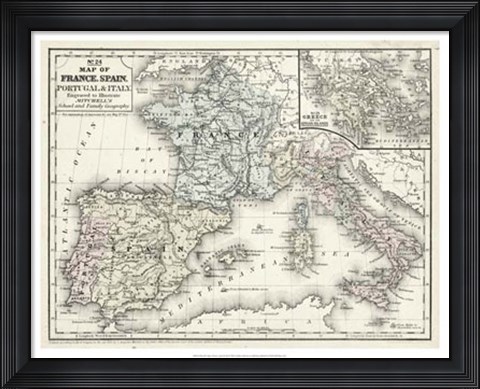 Framed Map of France, Spain &amp; Italy Print