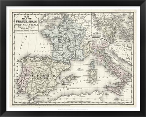 Framed Map of France, Spain &amp; Italy Print