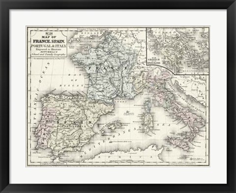 Framed Map of France, Spain &amp; Italy Print