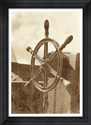Framed Sepia Ship&#39;s Wheel I Print