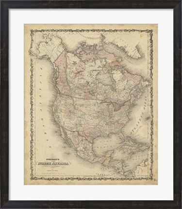 Framed Johnson&#39;s Map of North America Print