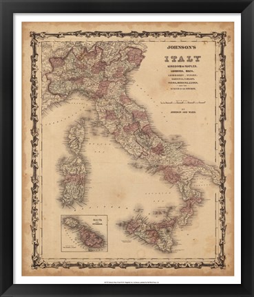 Framed Johnson&#39;s Map of Italy Print