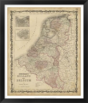 Framed Johnson&#39;s Map of Holland &amp; Belgium Print