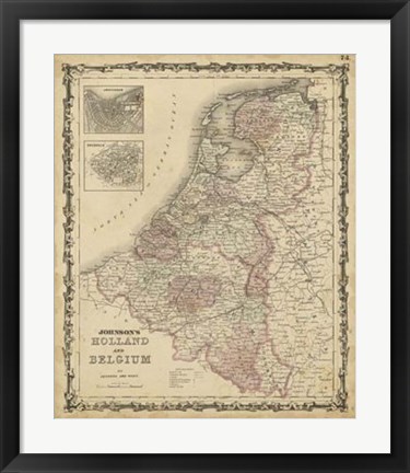 Framed Johnson&#39;s Map of Holland &amp; Belgium Print